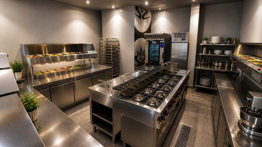 AI-generated 3D visualisation of the Zigumar Restaurant kitchen layout