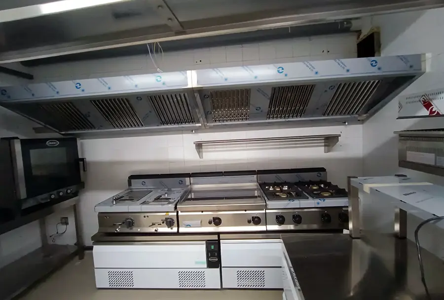 Extraction canopy above the Bertos Macros 700 cooking line during installation at Joe's Street Pizza, Nadur