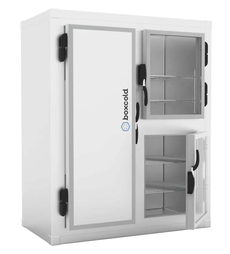 Boxcold modular refrigerated cabinet product render showing solid and glazed door configuration options.