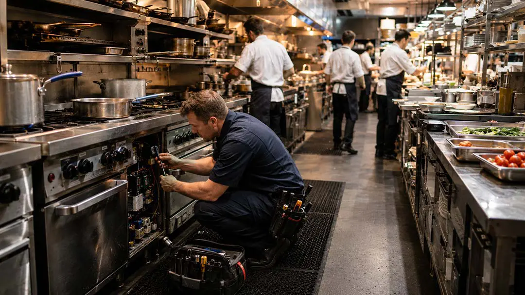 Technician carrying out maintenance on commercial cooking equipment on the line while the kitchen brigade works during service