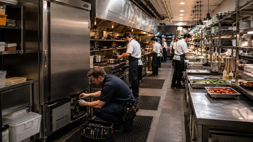Technician servicing a commercial refrigeration unit in a busy restaurant kitchen while chefs work behind him