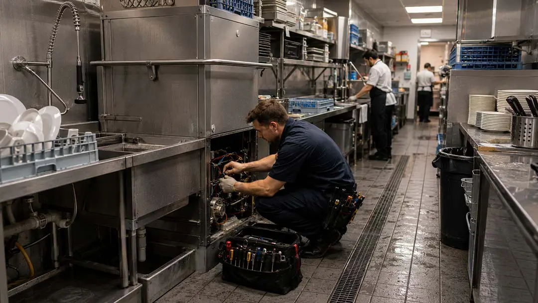 Technician servicing a commercial pass-through dishwasher in a professional kitchen dishwash area