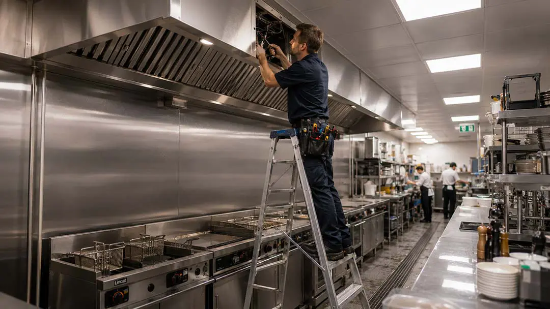 Technician on a stepladder servicing a commercial kitchen extraction canopy above a cooking line