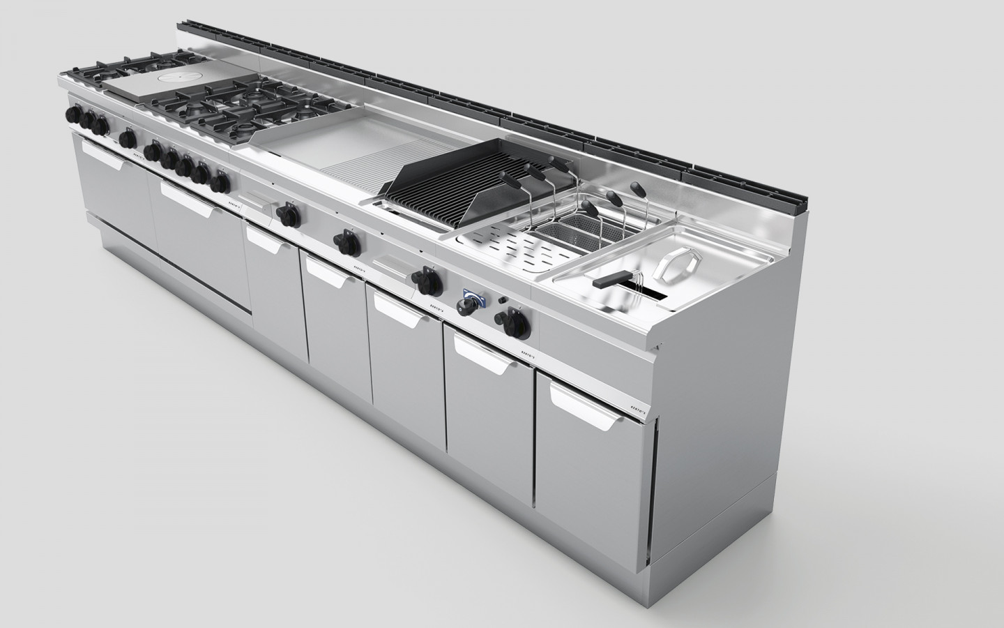 Bertos modular cooking line featuring gas burners, flat top, chargrill, and fryer sections in stainless steel