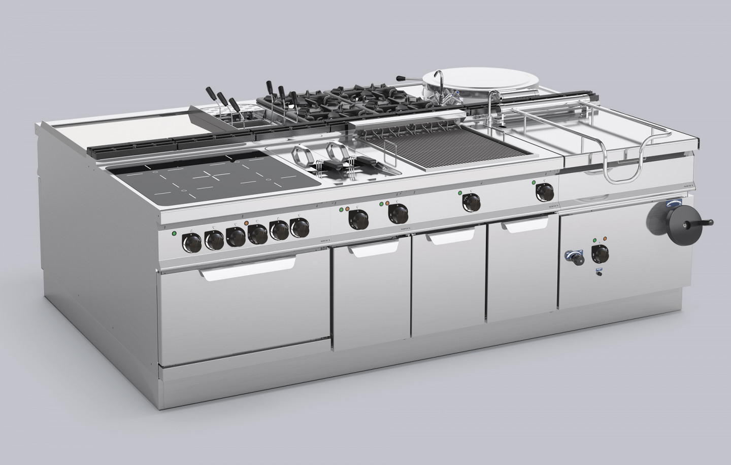 Bertos modular cooking island configuration with induction hob, chargrill, fryer, and pasta cooker in stainless steel