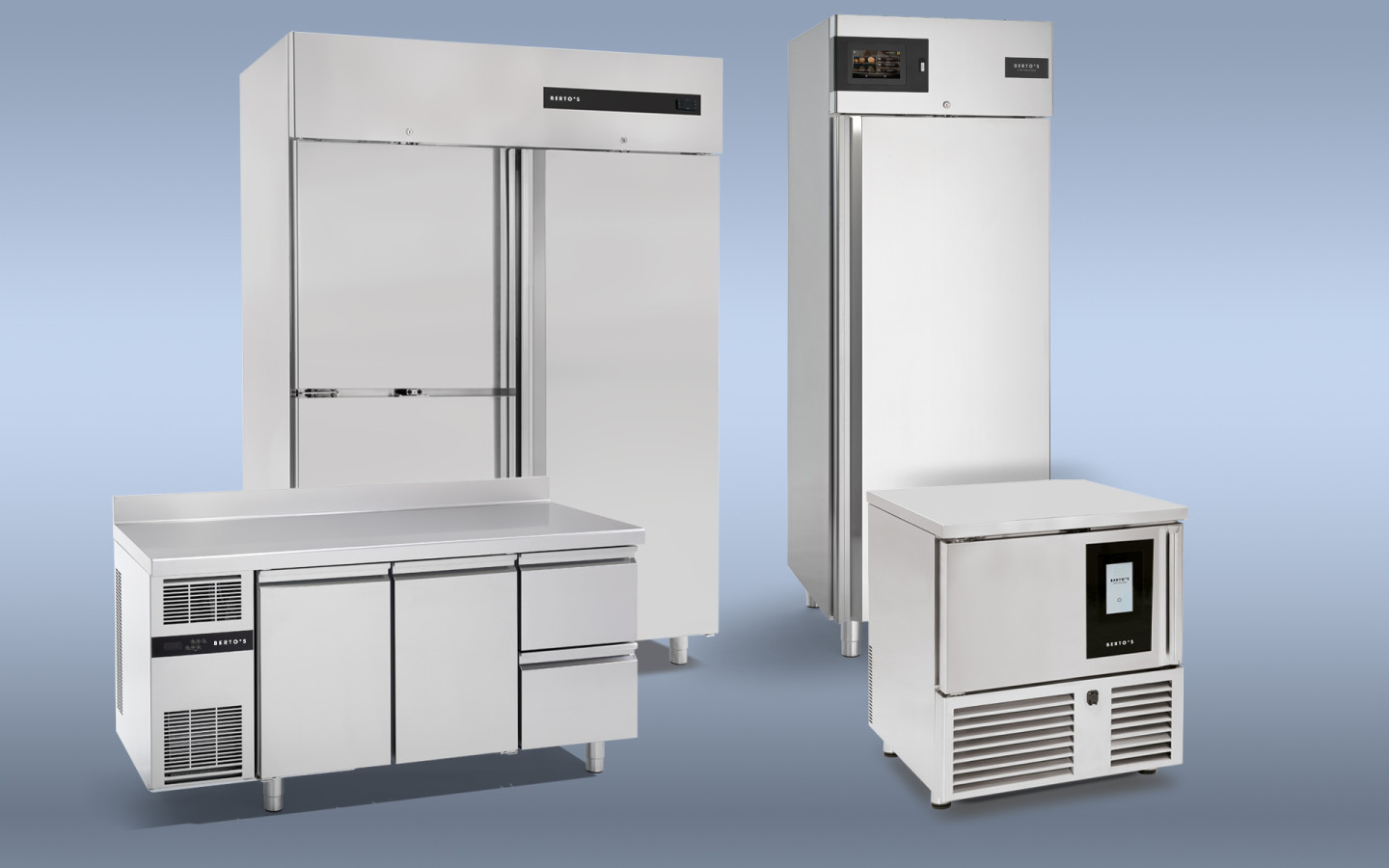 Bertos refrigeration range showing a tall double-door upright cabinet, a single-door upright, an undercounter refrigerated counter, and a blast chiller unit