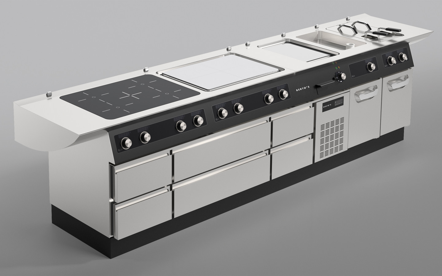 Bertos modular cooking island with induction hob, flat top, integrated refrigerated drawer, and storage in a contemporary dark-trimmed finish