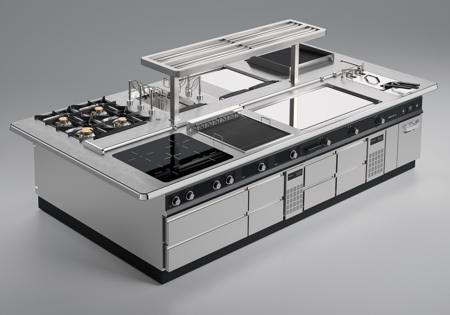 Large freestanding Bertos cooking island with gas burners, induction hob, chargrill, overhead shelf, and integrated refrigerated storage