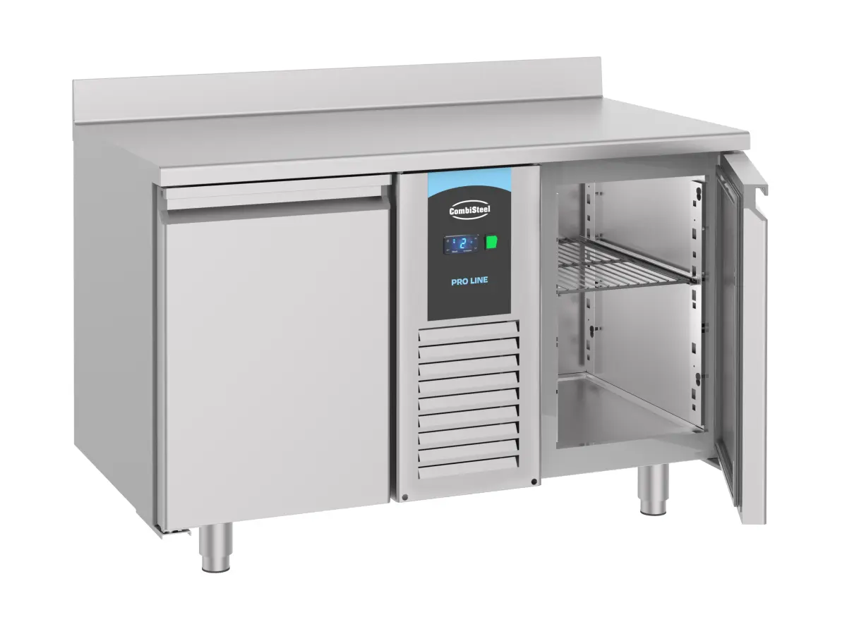 PROLINE GN (700) S/STEEL FRIDGE COUNTER 2 DOOR + TROPICAL COMPRESSOR + MONOBLOCK SYSTEM + BACKSPLASH 130X70CM