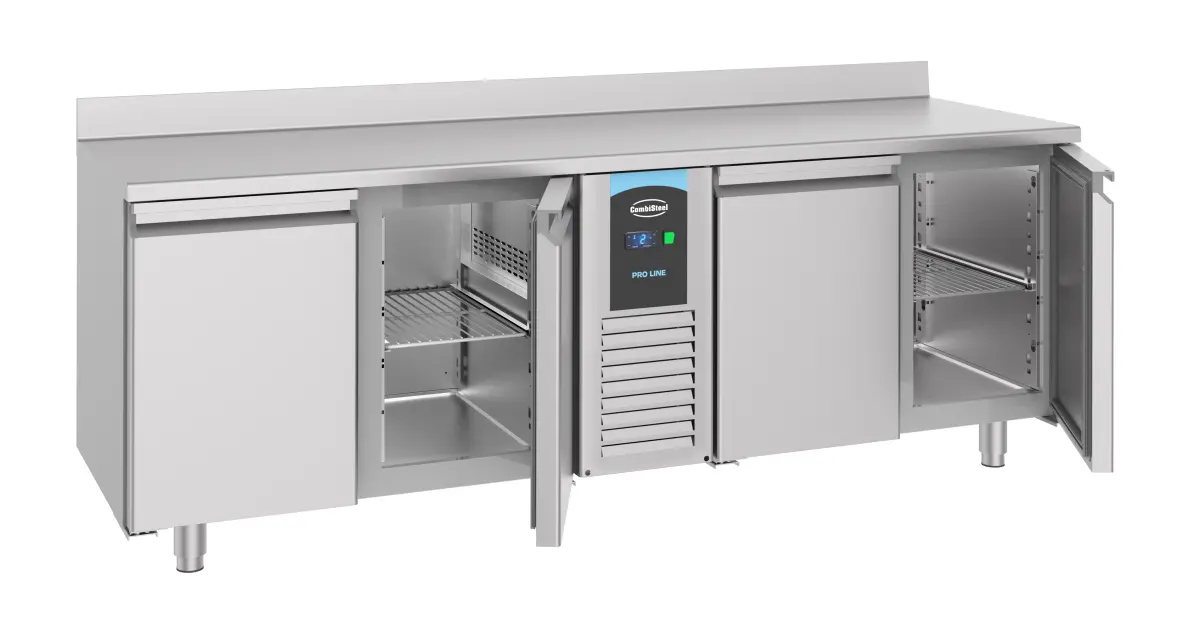 COMBISTEEL PROLINE 4 DOOR REFRIGERATED COUNTER + BACKSPLASH + TROPICAL COMPRESSOR + MONOBLOCK SYSTEM 227X70CM
