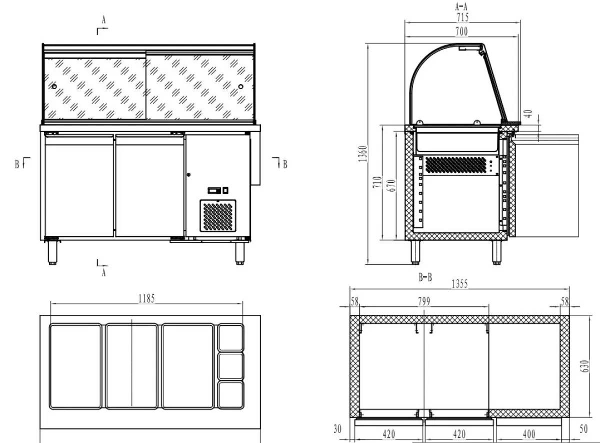 COMBISTEEL REFRIGERATED COUNTER 2 DOOR + GLASS TOP 3 X GN 1/1 + 3 X GN 1/6