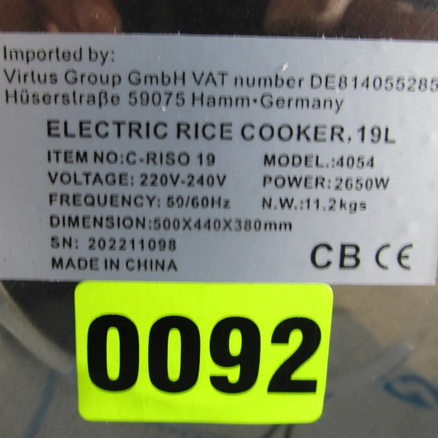 electric rice cooker in stainless steel, 19 litres - DAMAGED