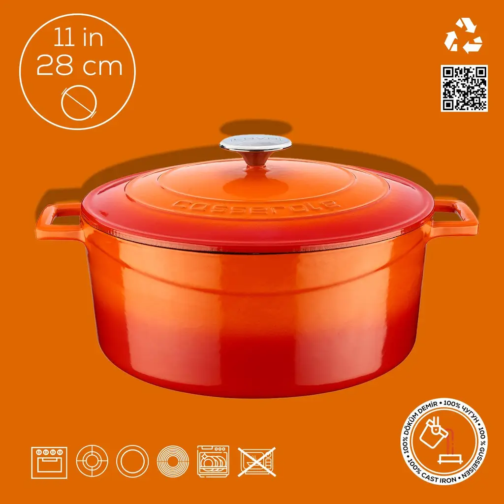 CAST IRON DEEP CASSEROLE + LID 28CM - ORANGE