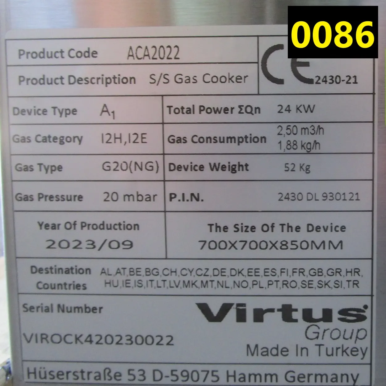 Gas hob on open cabinet with 4 burners (26,0 kW) - DAMAGED
