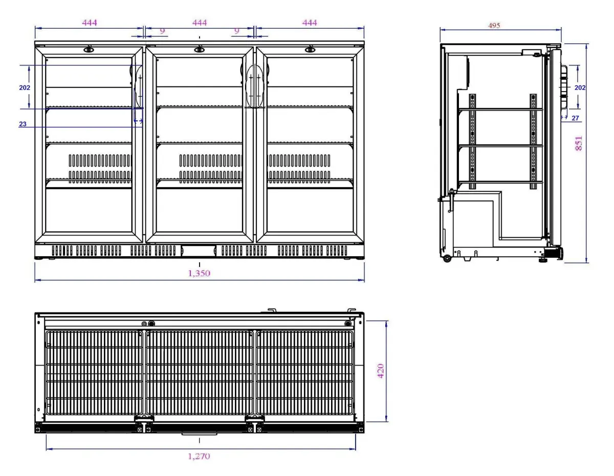 BACKBAR FRIDGE 3 DOOR HINGED + DIGITAL CONTROLLER - 135X52X85CM