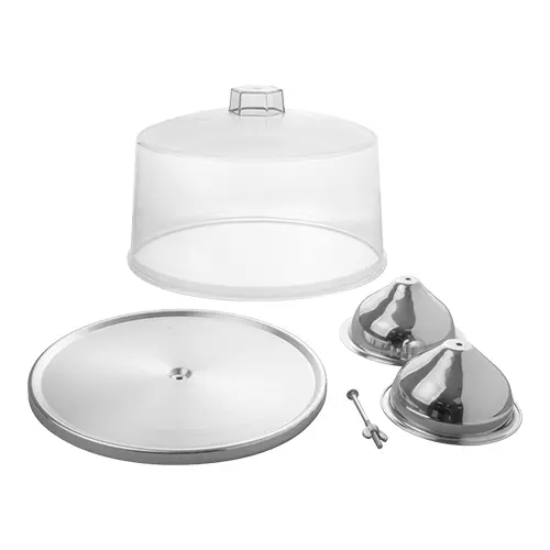 S/STEEL CAKE STAND 34CM + POLYCARBONATE CLOCHE 