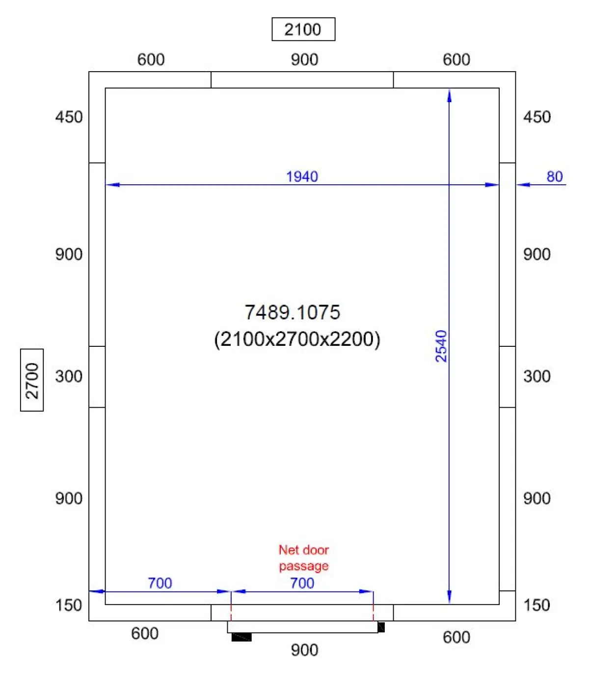 PROLINE COLDROOM (PANELS 80MM THICKNESS) + HINGED DOOR + S/STEEL FLOOR 210X270X220CM