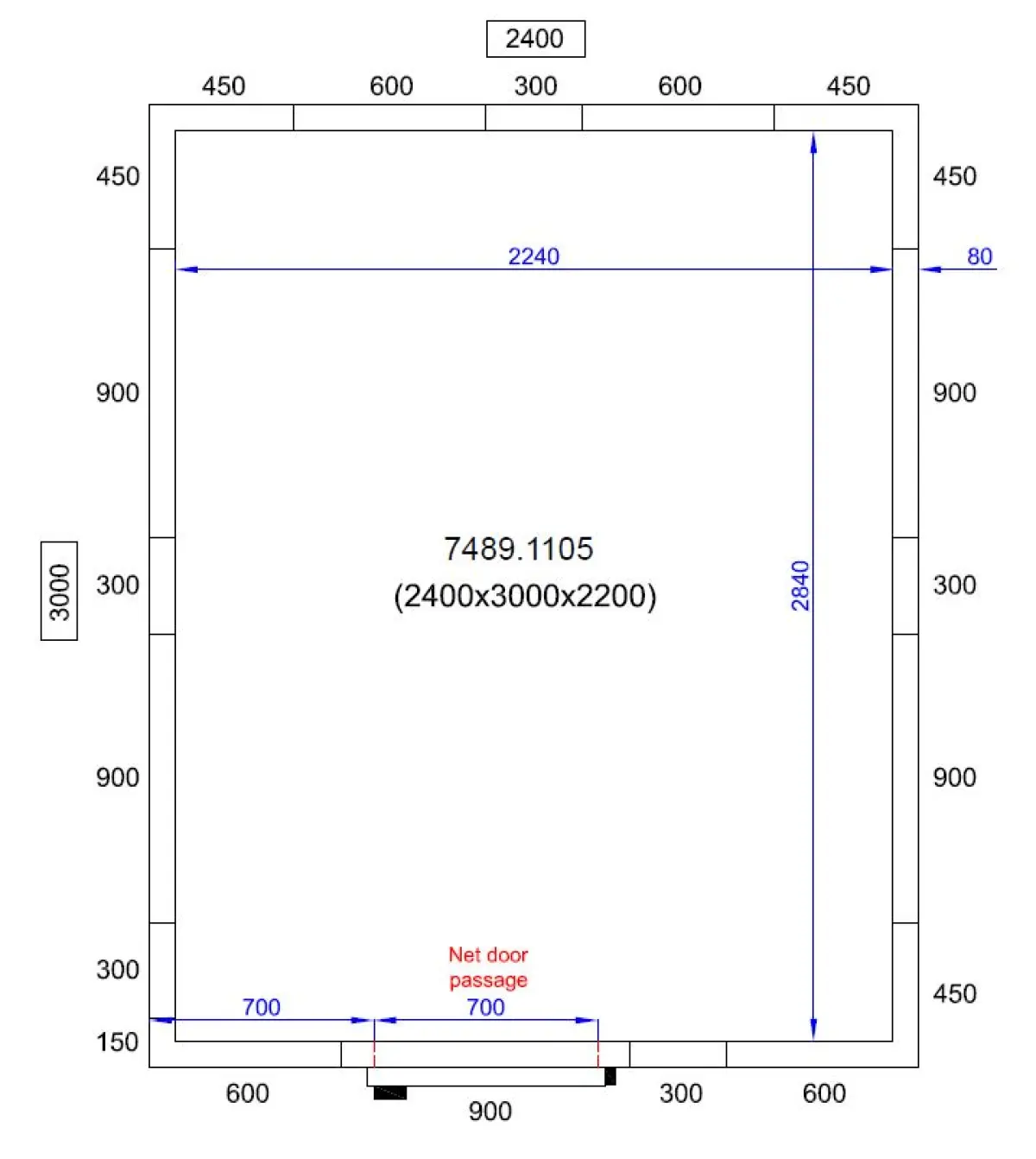 PROLINE COLDROOM (PANELS 80MM THICKNESS) + HINGED DOOR + S/STEEL FLOOR 240X300X220CM