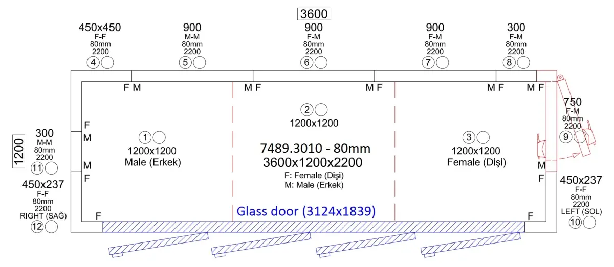 COLD ROOM 3600x1200x2200 4 GLASS DOORS