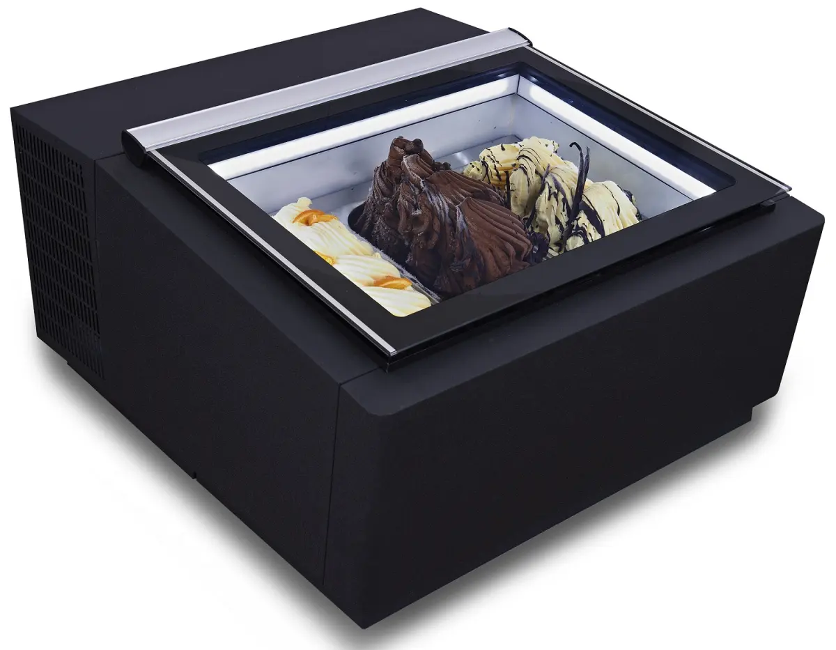 COUNTERTOP MODEL ICE CREAM DISPLAY BLACK  OPENS ON THE CUSTOMER SIDE