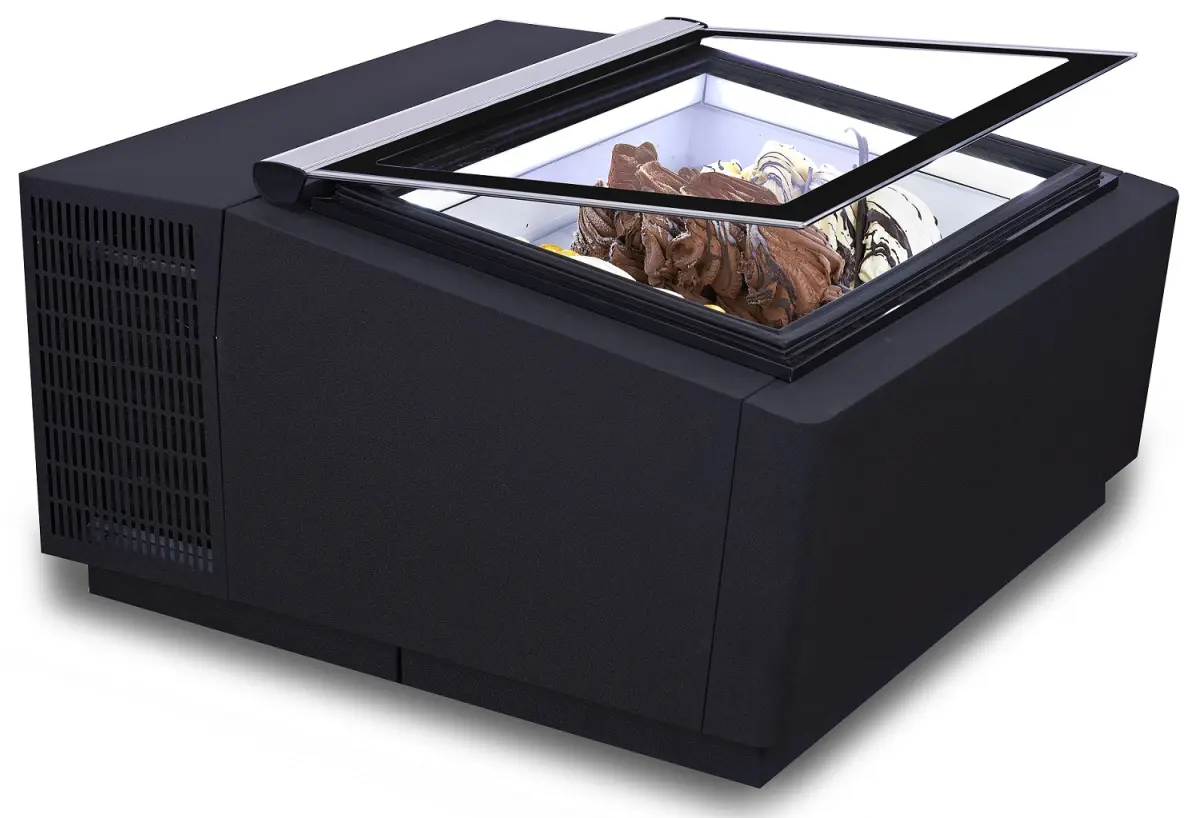 COUNTERTOP MODEL ICE CREAM DISPLAY BLACK  OPENS ON THE CUSTOMER SIDE