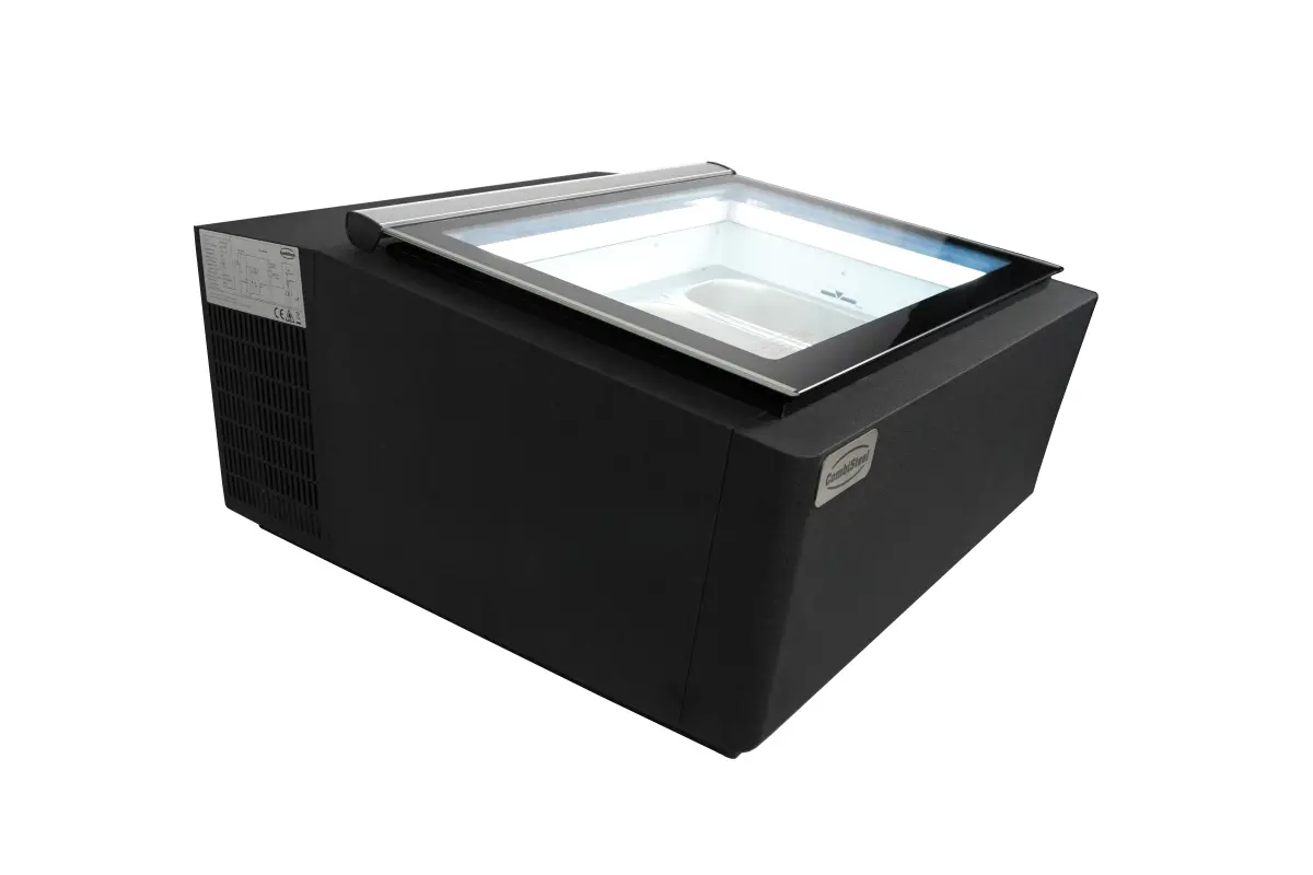 COUNTERTOP MODEL ICE CREAM DISPLAY BLACK  OPENS ON THE CUSTOMER SIDE
