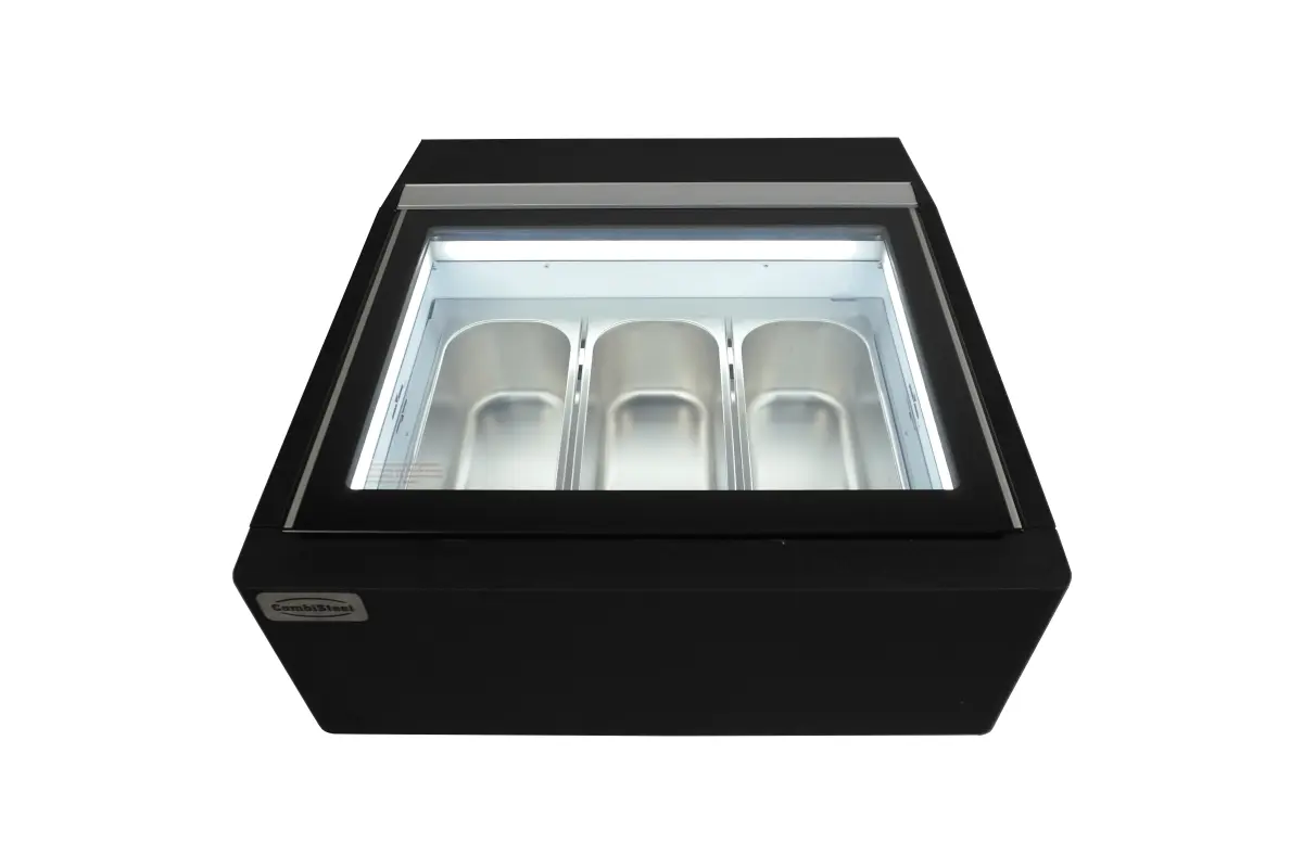 COUNTERTOP MODEL ICE CREAM DISPLAY BLACK  OPENS ON THE CUSTOMER SIDE