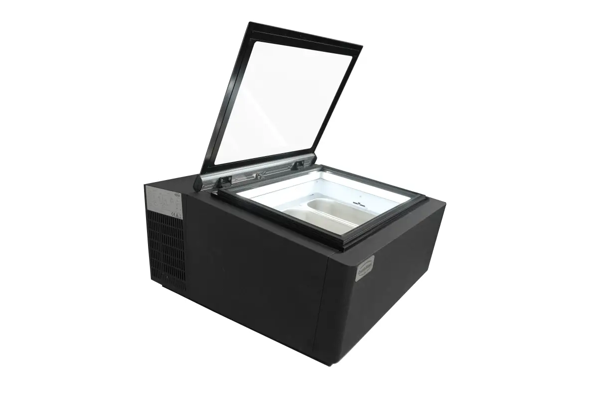COUNTERTOP MODEL ICE CREAM DISPLAY BLACK  OPENS ON THE CUSTOMER SIDE