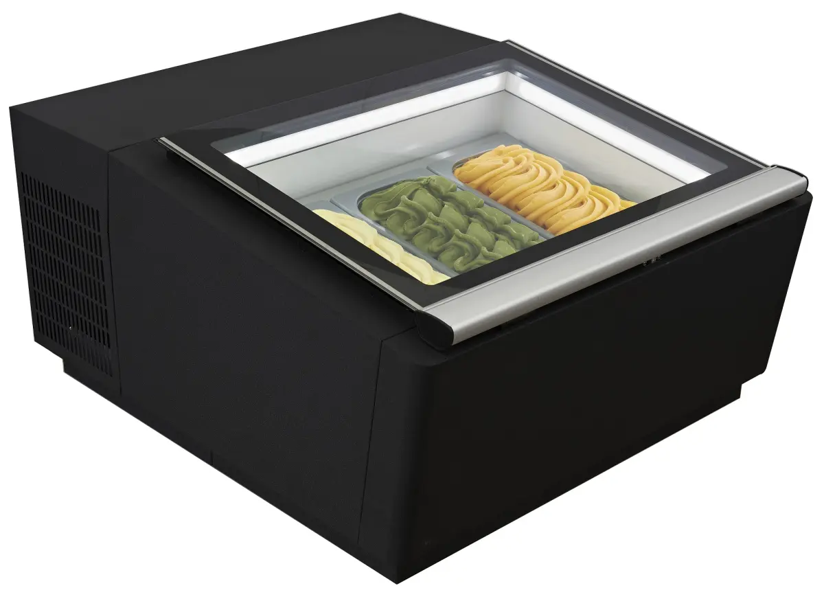 COUNTERTOP MODEL ICE CREAM DISPLAY BLACK  OPENS ON THE OPERATING SIDE