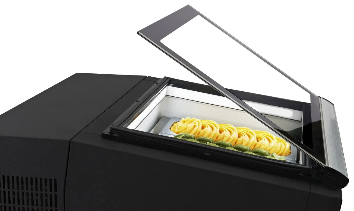 COUNTERTOP MODEL ICE CREAM DISPLAY BLACK  OPENS ON THE OPERATING SIDE