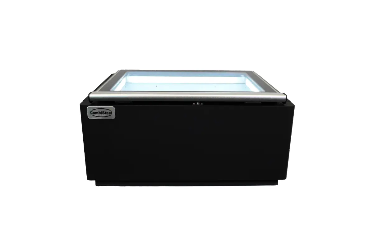 COUNTERTOP MODEL ICE CREAM DISPLAY BLACK  OPENS ON THE OPERATING SIDE