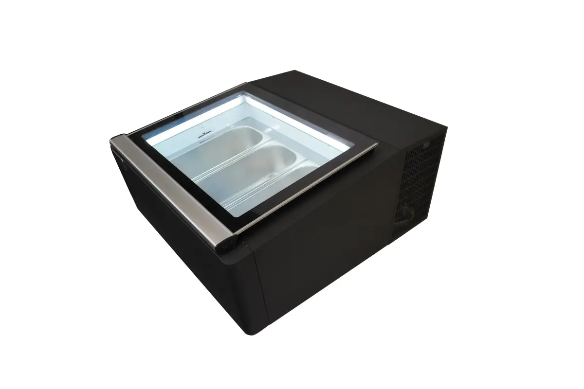 COUNTERTOP MODEL ICE CREAM DISPLAY BLACK  OPENS ON THE OPERATING SIDE