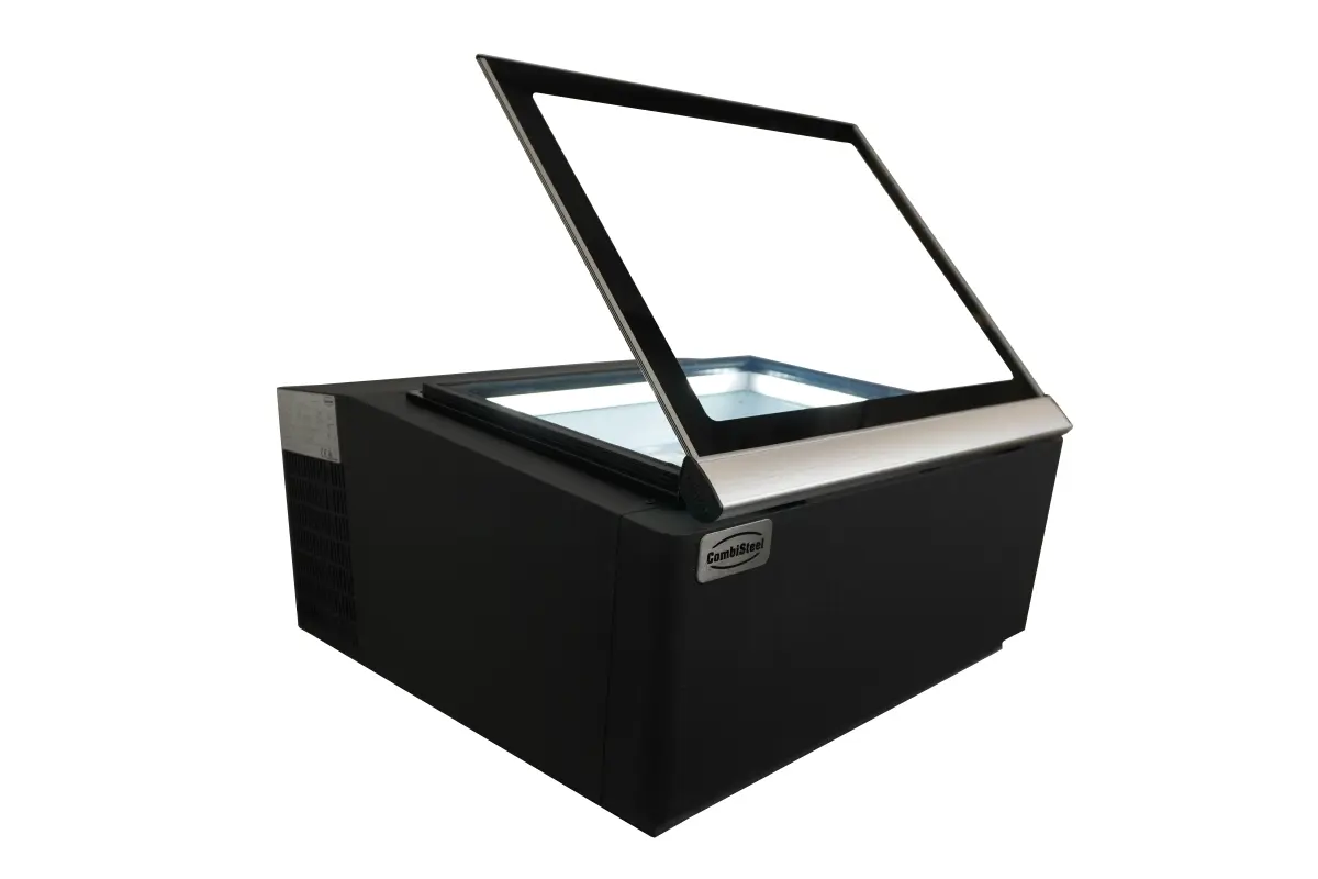 COUNTERTOP MODEL ICE CREAM DISPLAY BLACK  OPENS ON THE OPERATING SIDE