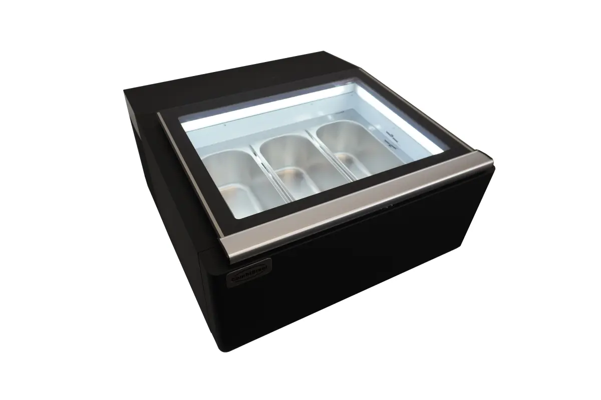 COUNTERTOP MODEL ICE CREAM DISPLAY BLACK  OPENS ON THE OPERATING SIDE