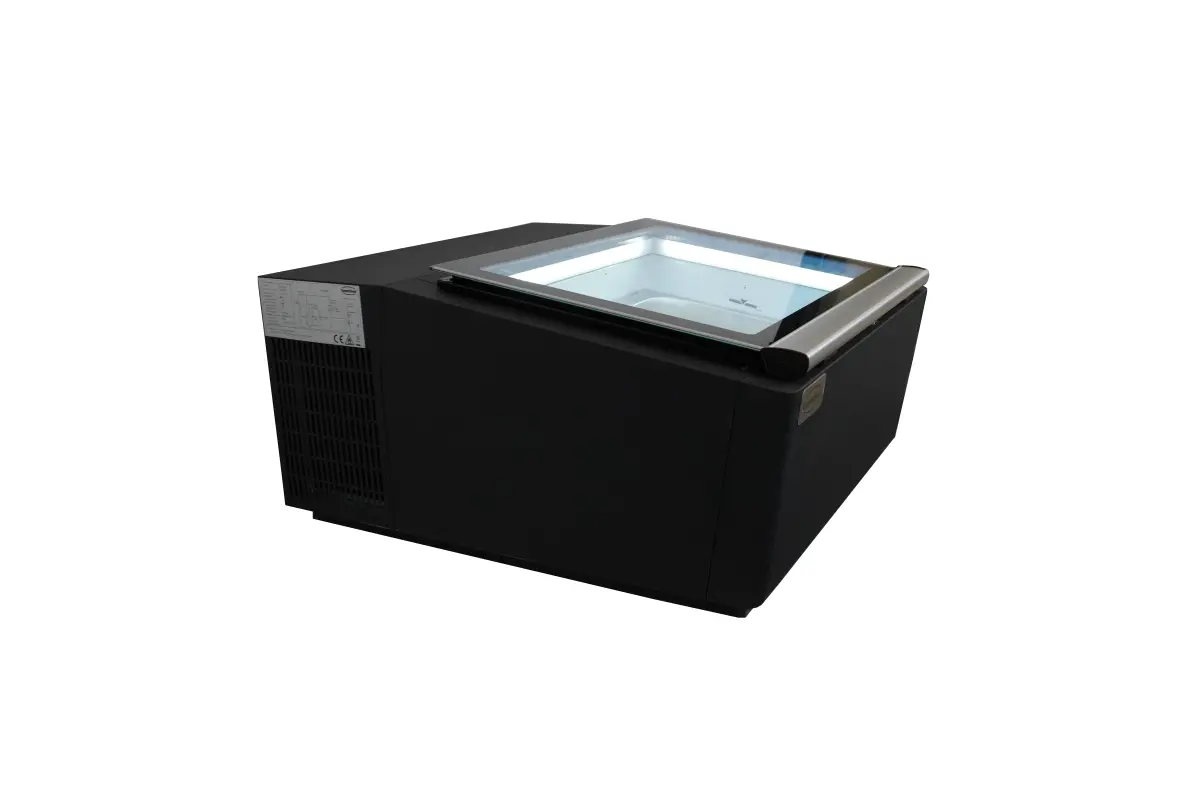 COUNTERTOP MODEL ICE CREAM DISPLAY BLACK  OPENS ON THE OPERATING SIDE