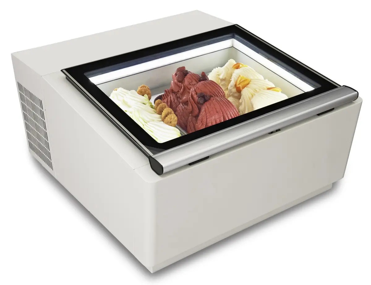 COUNTERTOP MODEL ICE CREAM DISPLAY WHITE  OPENS ON THE OPERATING SIDE