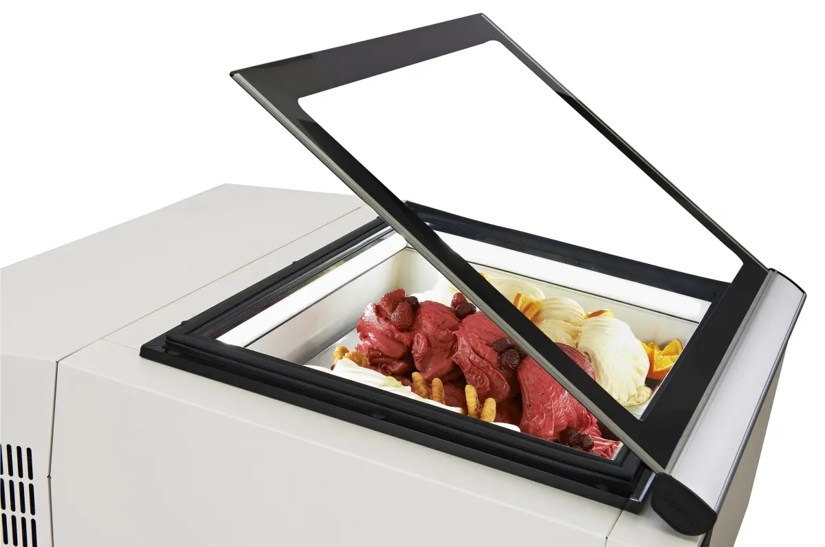 COUNTERTOP MODEL ICE CREAM DISPLAY WHITE  OPENS ON THE OPERATING SIDE