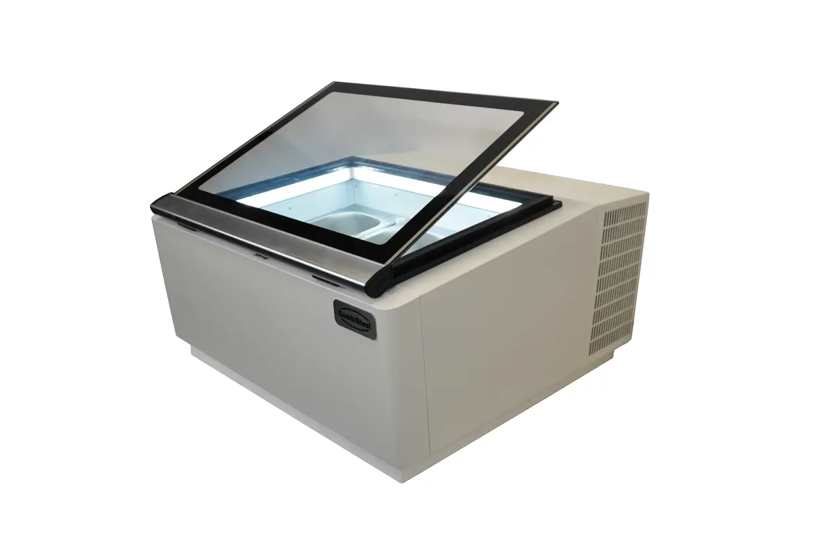 COUNTERTOP MODEL ICE CREAM DISPLAY WHITE  OPENS ON THE OPERATING SIDE