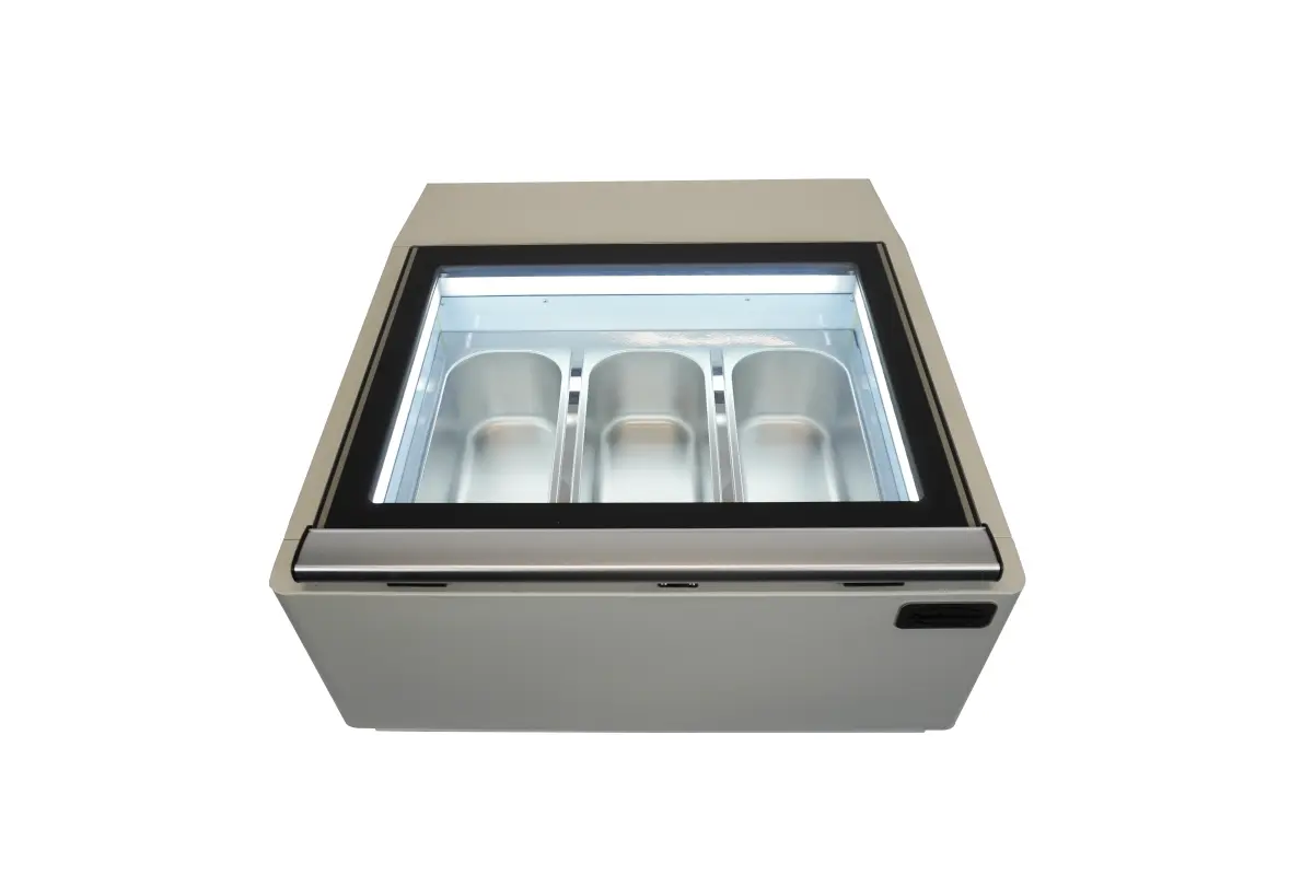 COUNTERTOP MODEL ICE CREAM DISPLAY WHITE  OPENS ON THE OPERATING SIDE