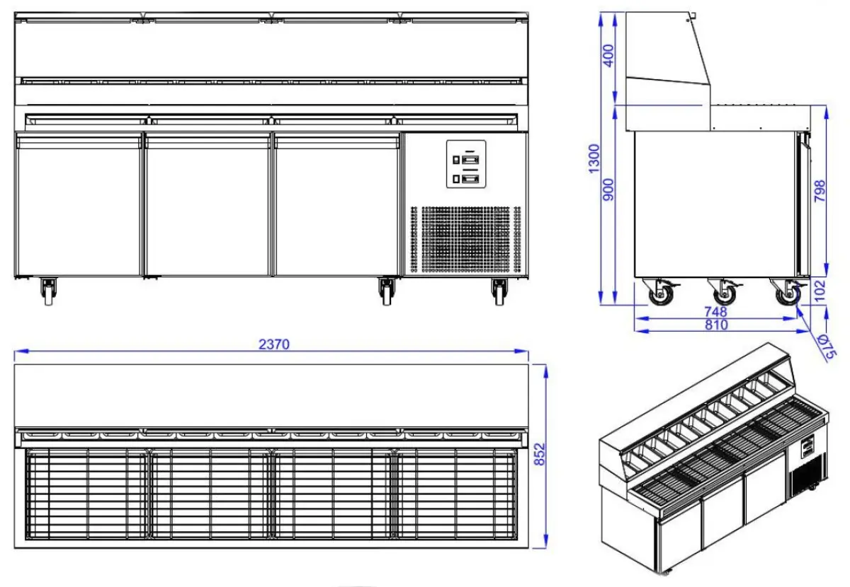 PIZZA COUNTER 3 DOORS 13x 1/3GN CONTAINER