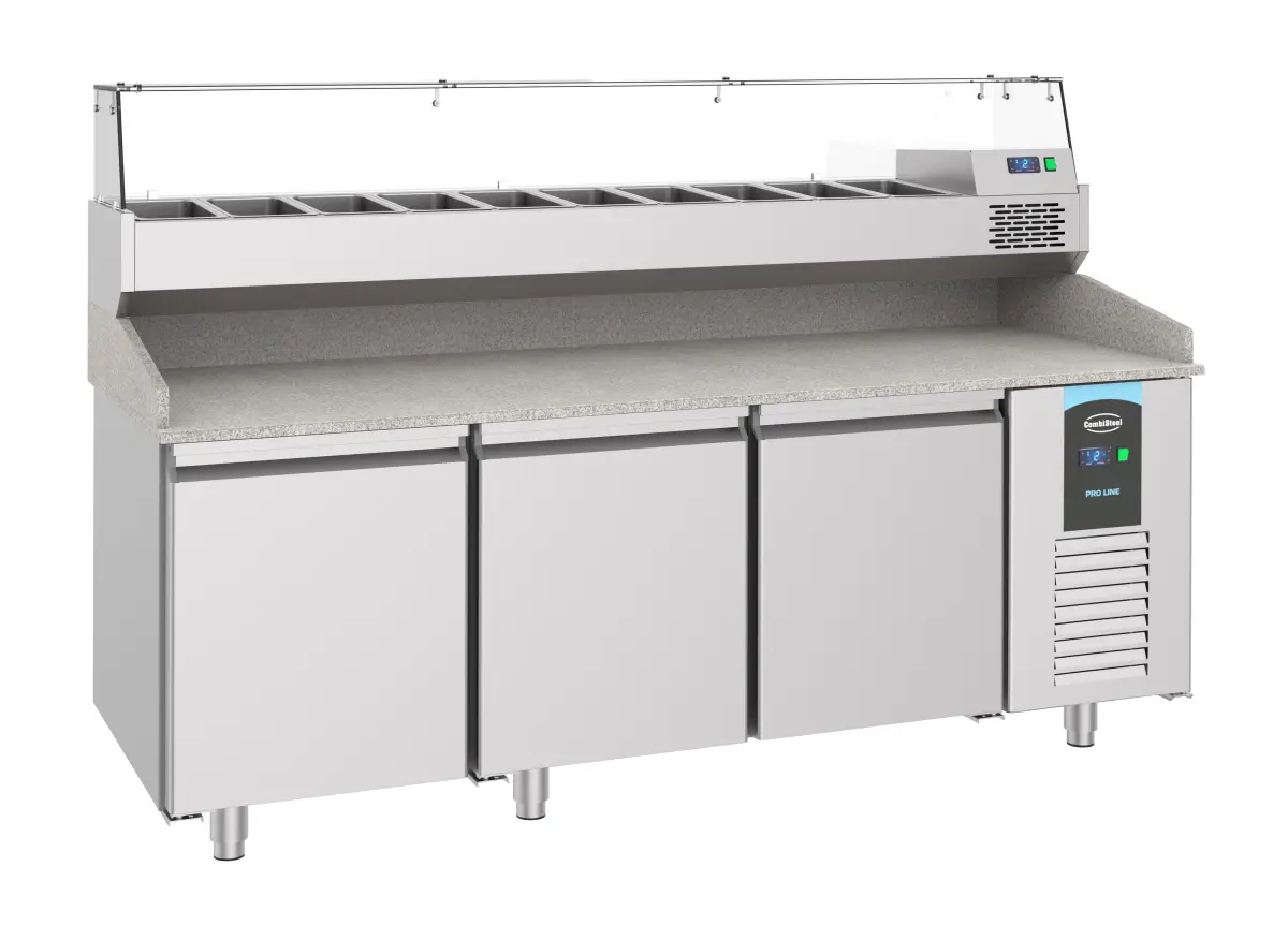 PROLINE PASTRY (800) S/STEEL PIZZA COUNTER 3 DOOR + MARBLE TOP 210X80