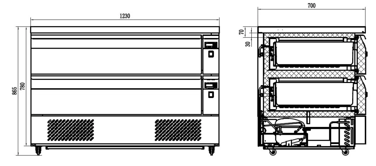 COMBISTEEL FRIDGE/FREEZER COUNTER 2 LARGE DRAWERS - 123X70CM