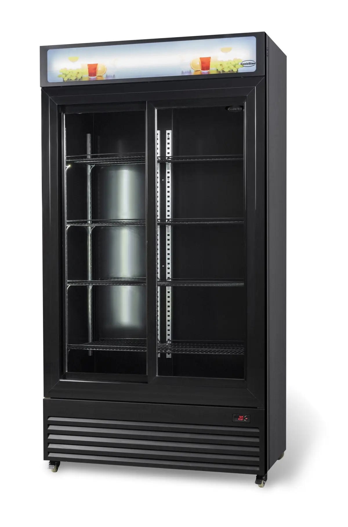 COMBISTEEL BLACK UPRIGHT FRIDGE 2 GLASS SLIDING DOORS - 112X60X210CM