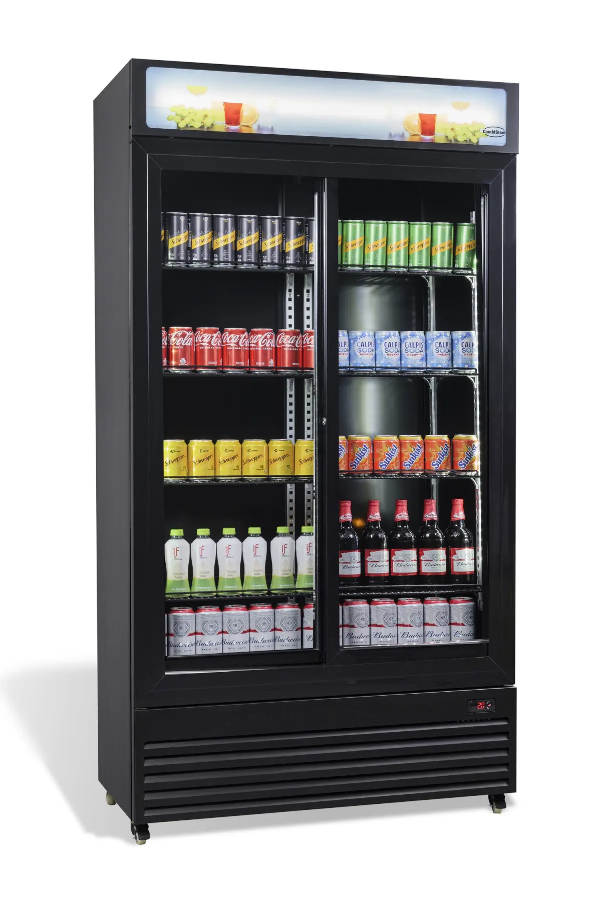 COMBISTEEL BLACK UPRIGHT FRIDGE 2 GLASS SLIDING DOORS - 112X60X210CM