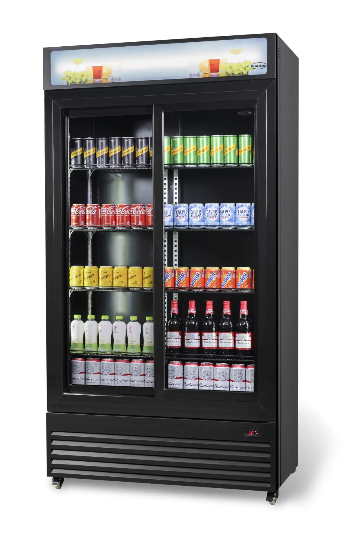 COMBISTEEL BLACK UPRIGHT FRIDGE 2 GLASS SLIDING DOORS - 112X60X210CM