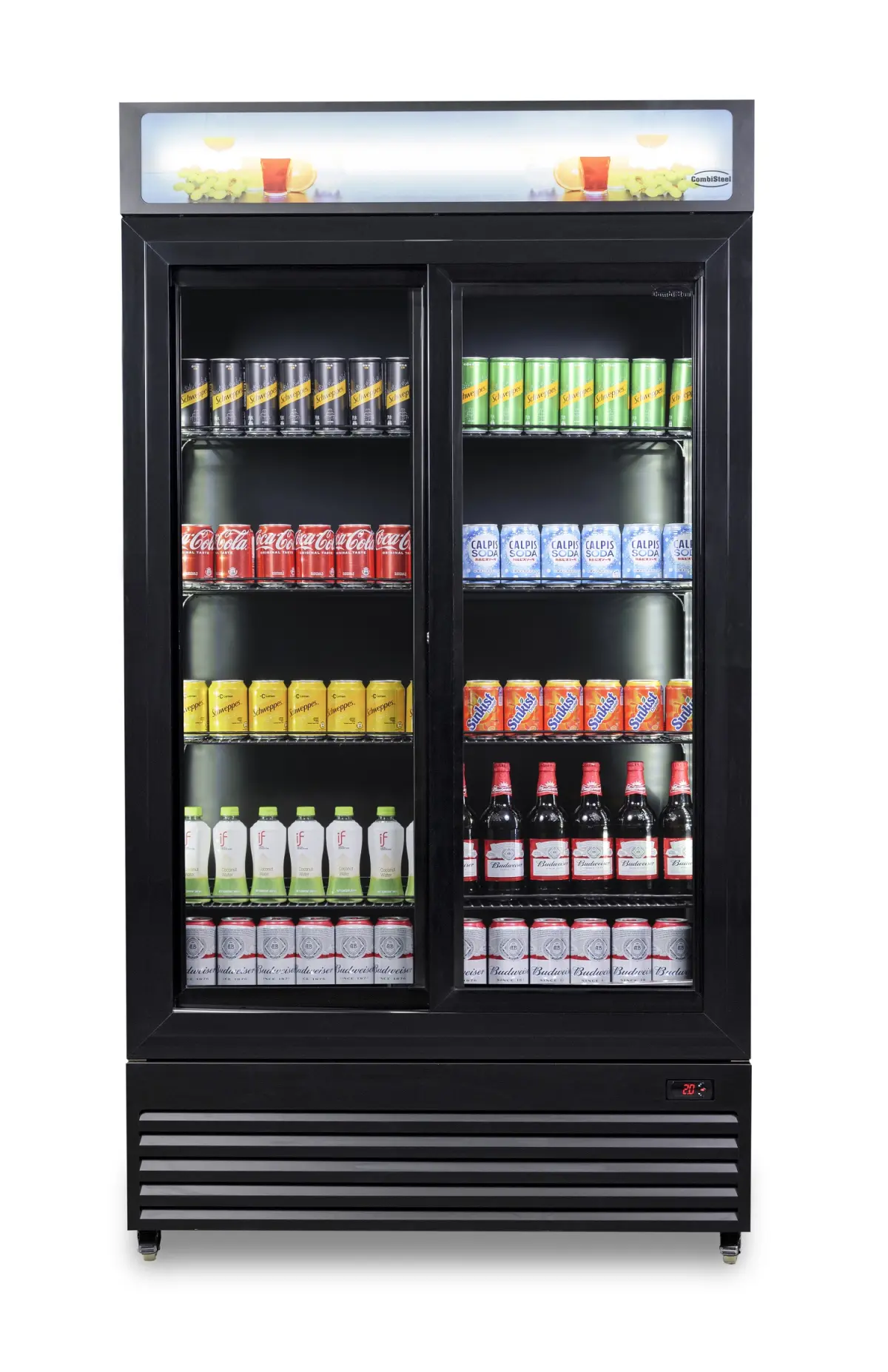 COMBISTEEL BLACK UPRIGHT FRIDGE 2 GLASS SLIDING DOORS - 112X60X210CM