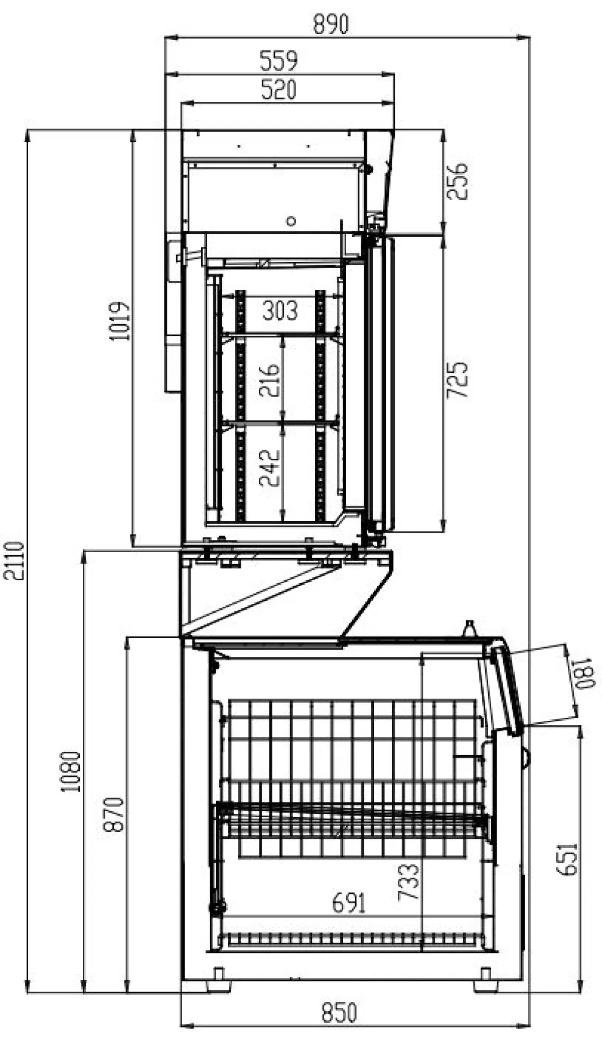 COMBISTEEL WALL MOUNTED FREEZER 3 DOOR + BOTTOM CHEST FREEZER + SLIDING DOORS (EXTERIOR BLACK / INTERIOR WHITE) 211X89X210CM